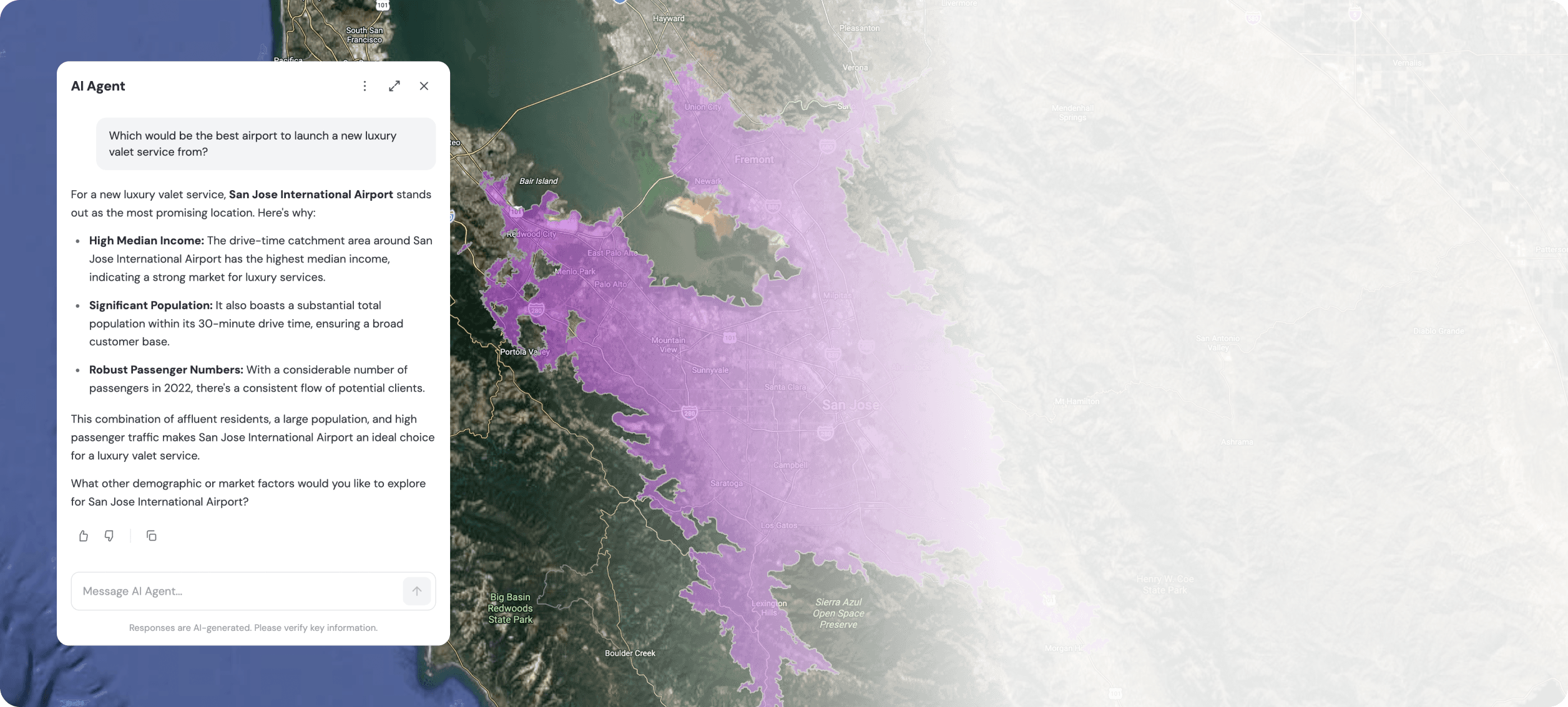 Carto's AI agent exploring travel time catchments on a TravelTime-powered map