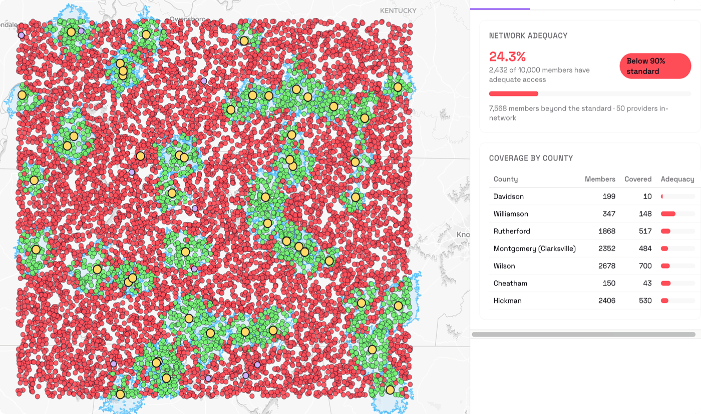 Dense point-cloud map showing network coverage and gap analysis