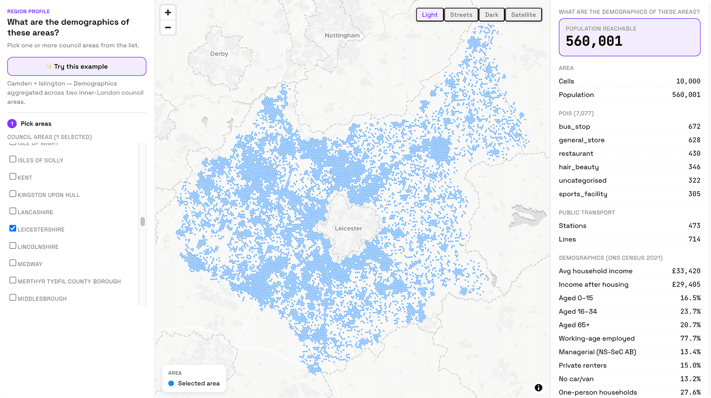 Map with POI density overlay and a location score panel
