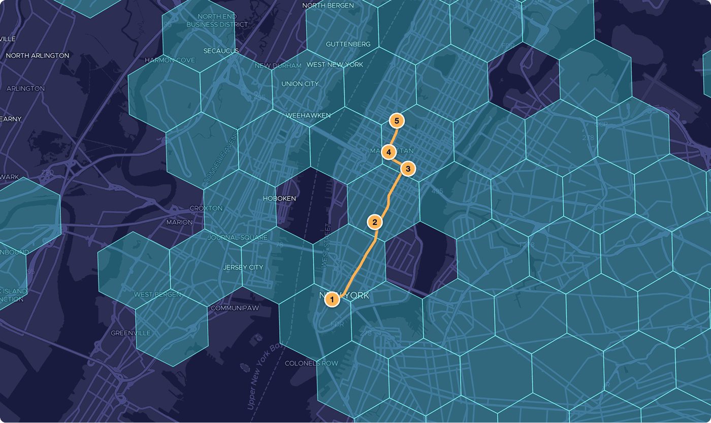 H3 hexagon catchment map with a route plotted across cells